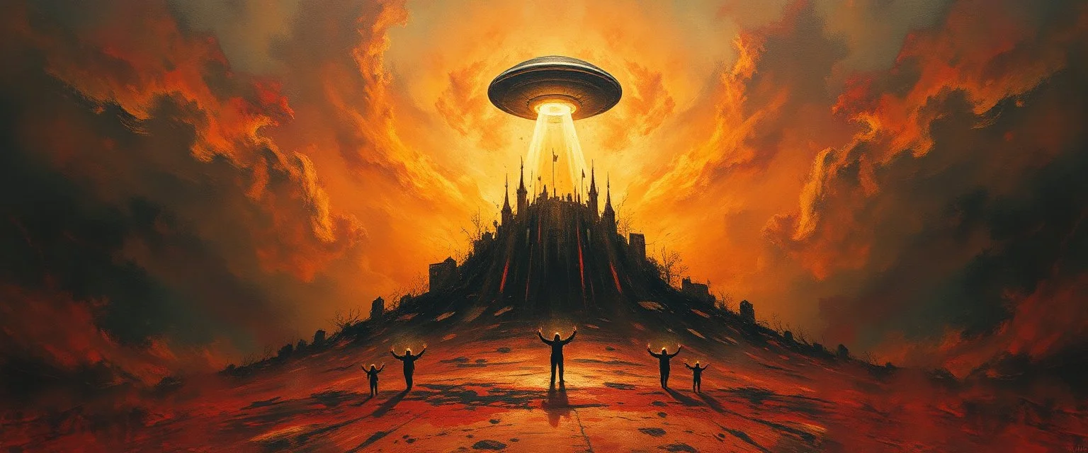 a high definition screen shot of a retrofuturistic, phototrealism, Macabre Rapture End of days Revelation scene, loose brush stroke matte oil painting, sinner apotheosis,diagonal composition, unbalanced, abstract surreal horror, eerie, scary warm colors, Eldritch, JonKnockTurnal 2999 ufo, bilaterally