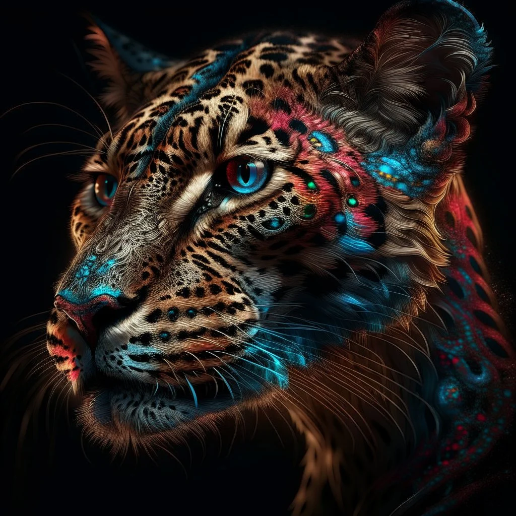 candy leopard, portrayed with the intricate facial features and extremely detailed pupils characteristic of Stefan Gesell's style, blended with the elongated forms and dramatic chiaroscuro reminiscent of El Greco, conveyed through a light painting technique with push processing, incorporating holographic elements for a dreamy, vibrant effect, soft skin texture, clarity achieved, supporting a perfect composition, cinematic atmosphere, delicate detail