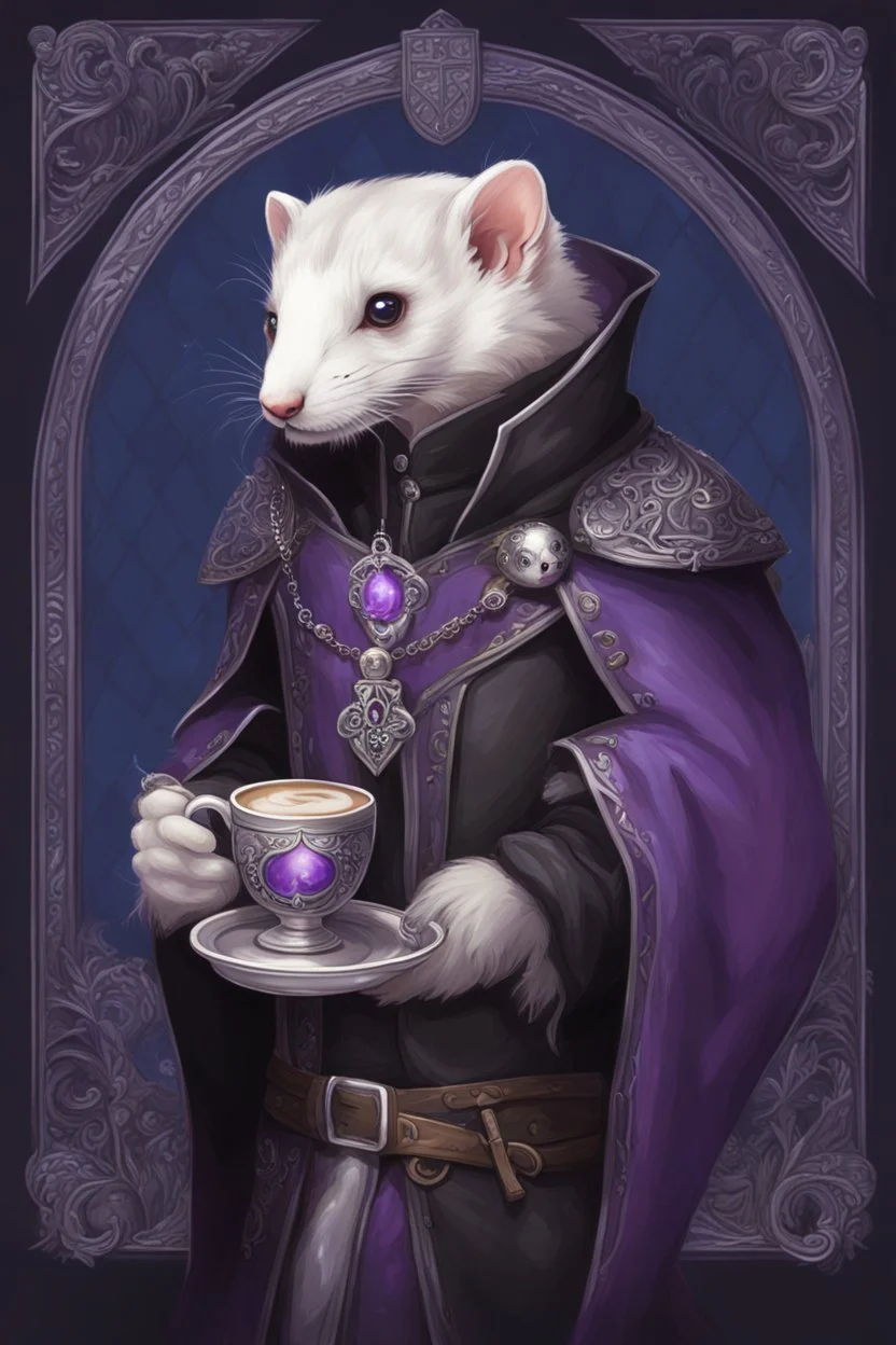 (anthropomorphic white ferret),dressed in ((cleric fantasy)) black and purple clothes with silver holy ornaments, realistic anatomy, fantasy tavern on background, mage and holy symbols around, serious face, hold cup of coffe, tired face, in the style of LOISH, look at the vivewer, blue eyes, cute face