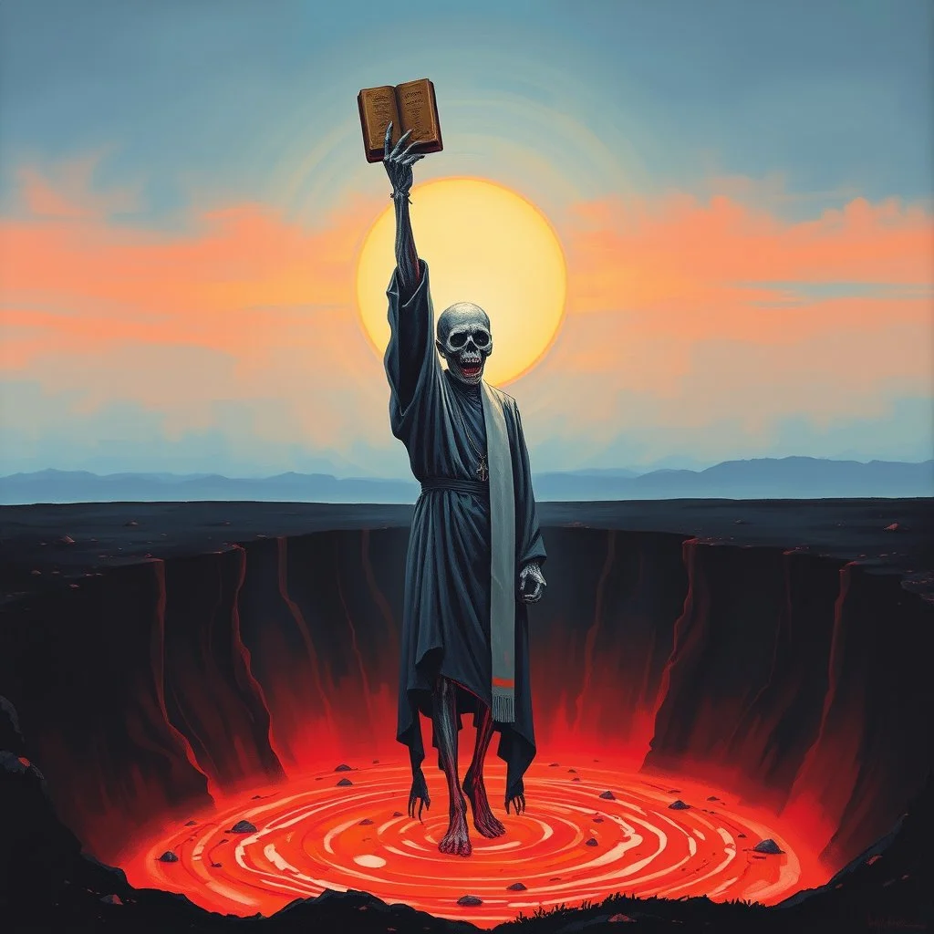 zombie priest being sucked down into a tar pit at sunset only head and one arm above the tar, raising an arm holding a bible, modern stylish oil painting, by Ted McKeever style, by Zdzislaw Beksinski, ink wash mind-bending illustration, dark shine, by VS Gaitonde