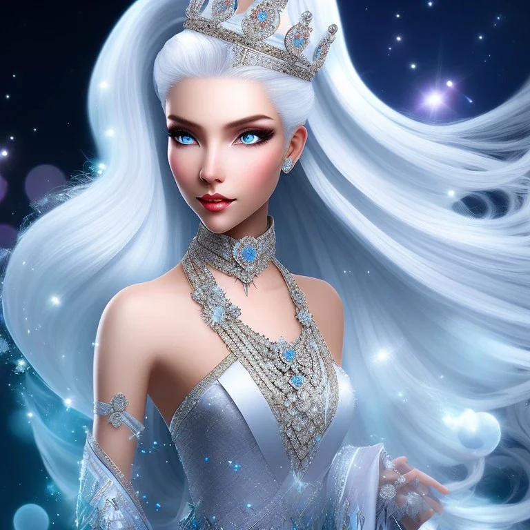 Ice Princess with white hair, a crown with precious stones, bright background