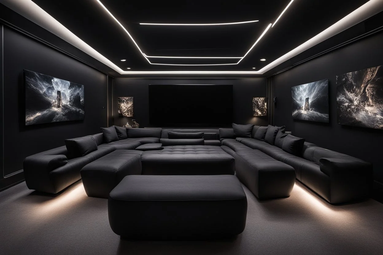 a black themed dedicated home cinema room with LED ambient lighting in the walls make sure the room is completely symmetrical