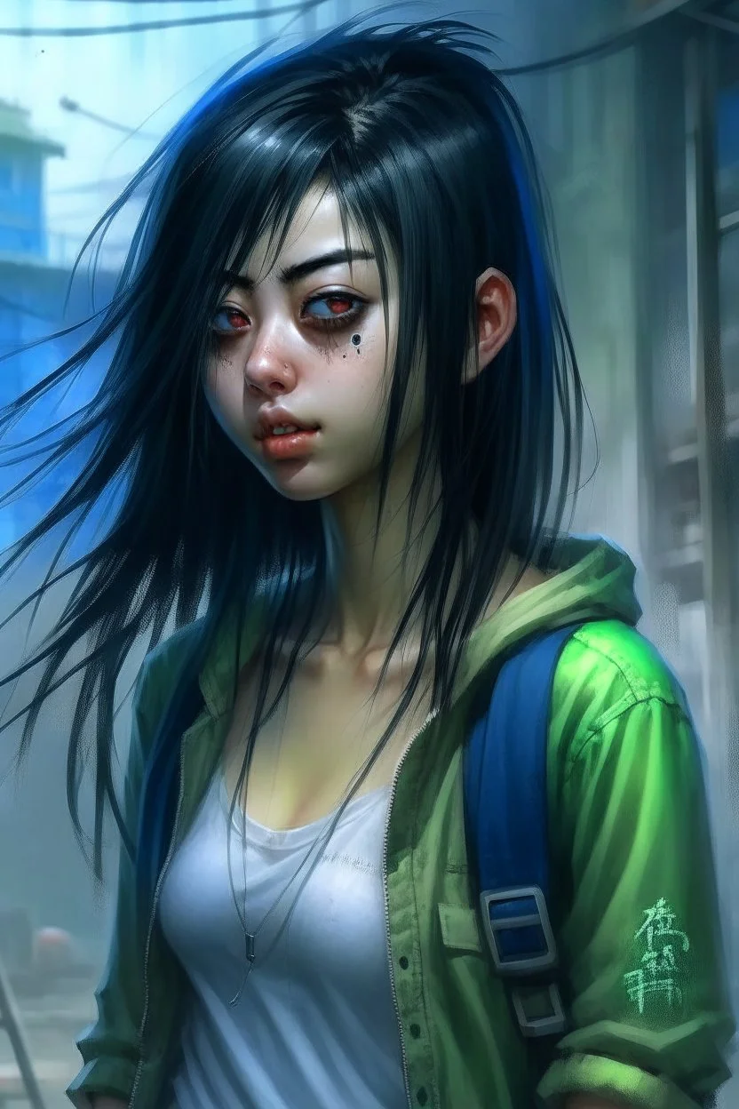 pretty girl, aged 15, black hair, dystopia, athletic, digital art