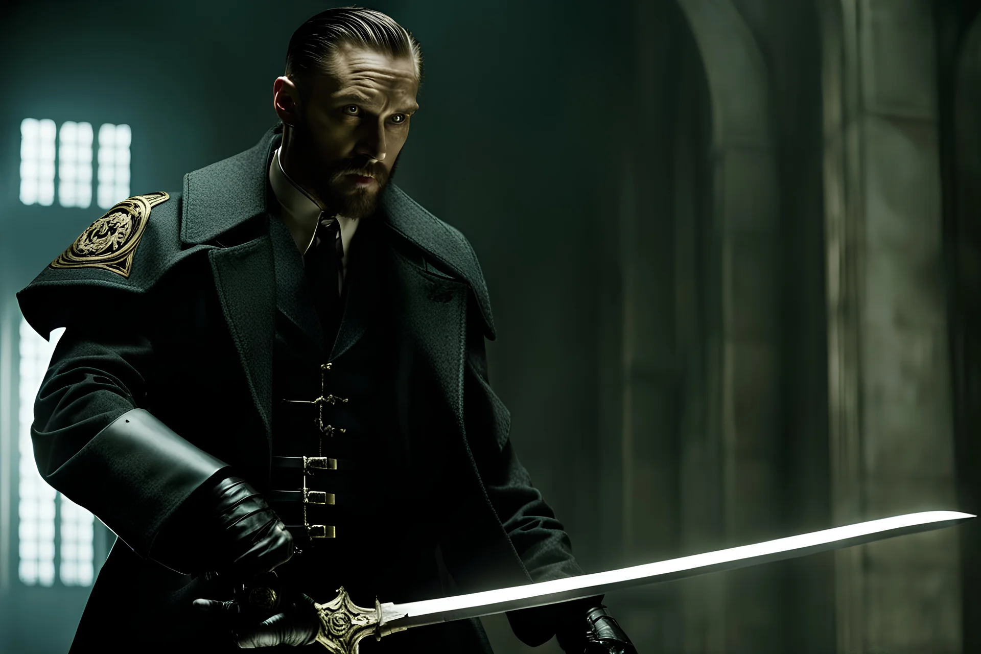 Action shot of Tom Hardy as Father Alexander Anderson from the live action "Hellsing" movie based on the anime of the same name. He is throwing glowing daggers