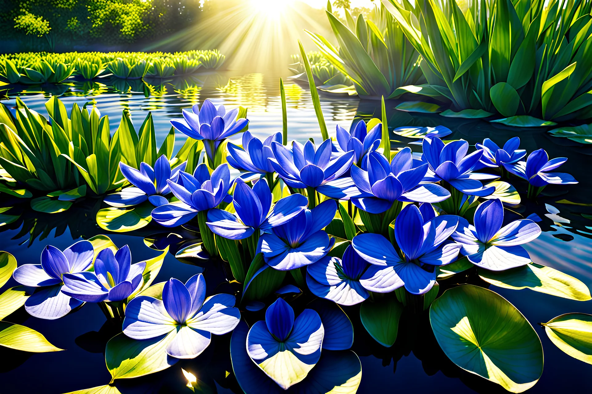 blue water hyacinths, blue or gold light effects colors, a lovely pond with water hyacinths, clear sunny light, highly detailed, luminous rays of the sun, high contrast, HDR, 8k, high definition, realistic, concept art, sharp focus