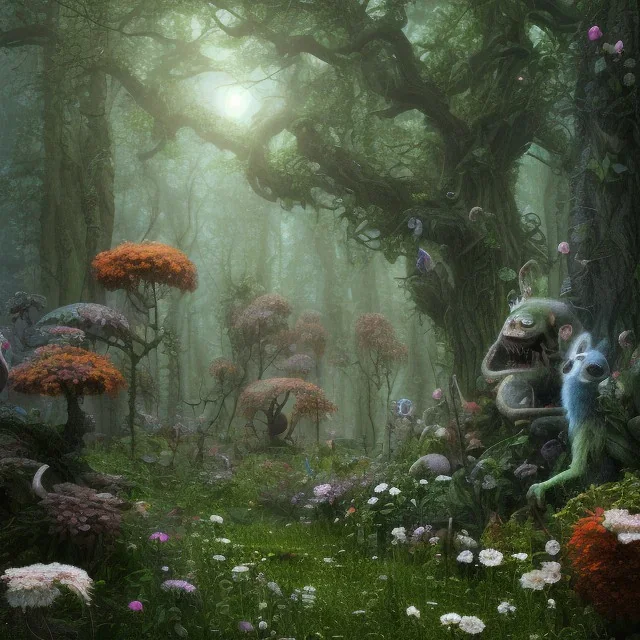 animals surrounding a black robed figure in a beautiful forest, trees and flowers, 8k resolution, high-quality, fine-detail, iridescent, intricate, digital art, detailed matte, volumetric lighting, beautiful, illustration, 3D octane render, margaret weiss, brian froud, howard lyon, selina french, anna dittmann, annie stokes, lisa parker, greg rutowski,