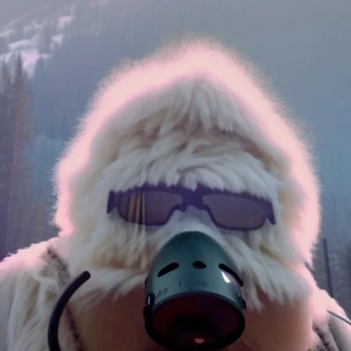 subject = (Yeti in a mask) background = (wildfires, mountains, fires, smoke, disaster)