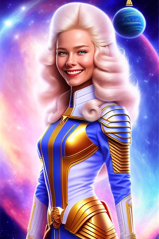 young cosmic woman smile, admiral from the future, one fine whole face, large cosmic forehead, crystalline skin, expressive blue eyes, blue hair, smiling lips, very nice smile, costume pleiadian,rainbow ufo Beautiful tall woman Galactic commander, ship, perfect datailed golden galactic suit, high rank, long hair, hand whit five perfect detailed finger, amazing big blue eyes, smilling mouth, high drfinition lips, cosmic happiness, bright colors, blue, pink, gold, jewels, realistic