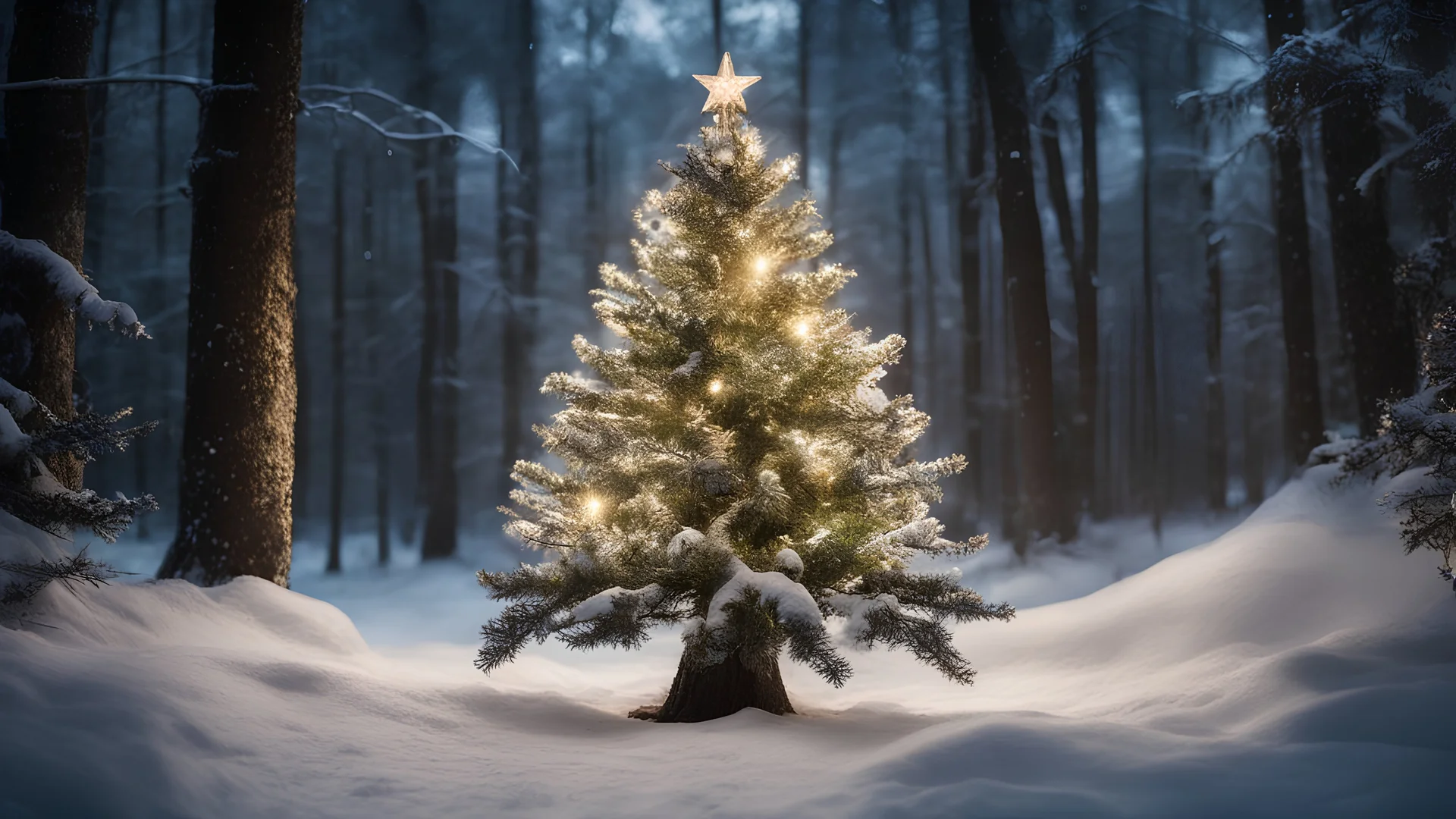 photoreal magnificent decorated christmas tree at dark night in an glowing snow covered enchanted forest with goldens sparkles in the air and magic mushrooms and elflings at night by lee jeffries, otherworldly creature, in the style of fantasy movies, photorealistic, shot on Hasselblad h6d-400c, zeiss prime lens, bokeh like f/0.8, tilt-shift lens 8k, high detail, smooth render, unreal engine 5, cinema 4d, HDR, dust effect, vivid colors