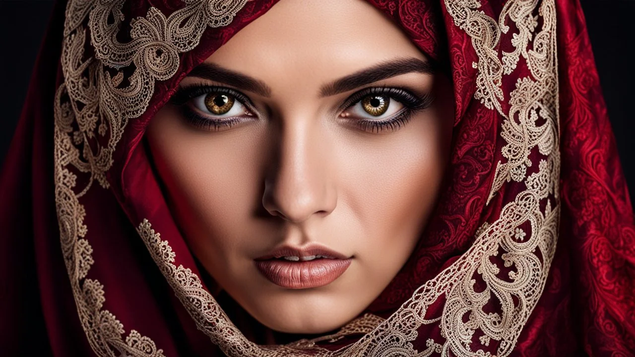 A woman with striking golden-brown eyes, which are partially concealed by a dark red headscarf. Her shyly looking into the camera. The combination of her lace veil headscarf and beautiful eyes creates an intriguing and visually appealing scene, highly detailed, high contrast, perfect lights, masterpiece