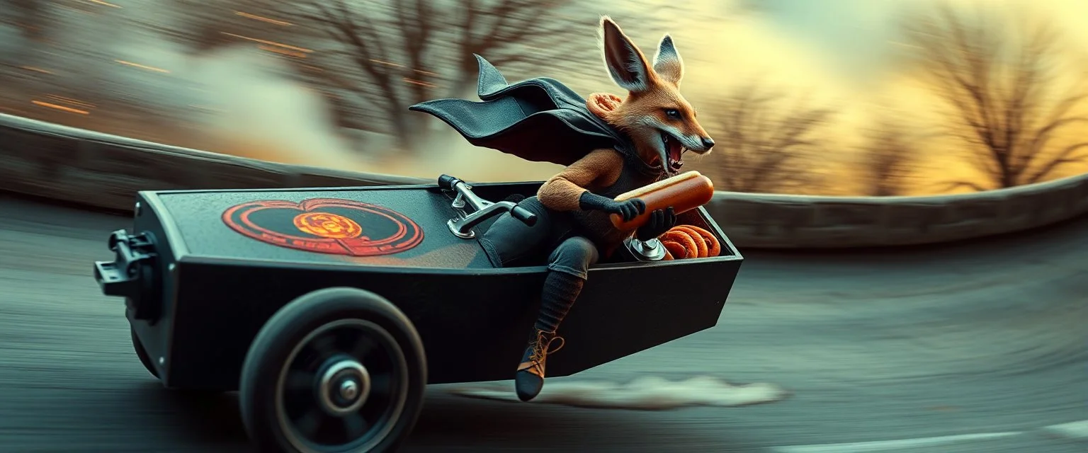 vampire fox kangaroo sock speeding on a vampire sci-fi coffin bubble trike on skate ramp while eating hot dogs