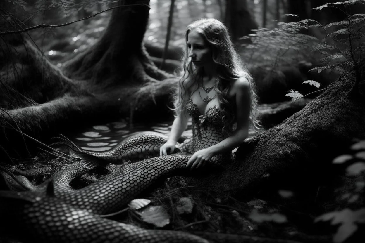 Una sirena perdida en un bosque. Fotografía realizada con cámara Hasselblad. Fotografía en Blanco y Negro.