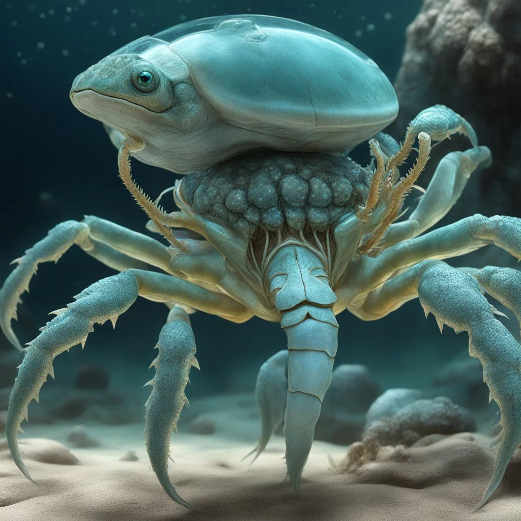 [the creature is in a transparent coccon] Ultra-photorealistic depiction of a female marine hybrid entity, not illustration, not CGI. Clearly feminine anatomy combined with non-human marine traits. One arm is replaced by a massive crab-like claw with rough calcified surface, mineral wear, micro-cracks, and traces of algae. Hair is entirely composed of thick organic tentacles, heavy at the roots and tapering naturally, with minimal visible suction cups and subtle bioluminescent variation. The bod