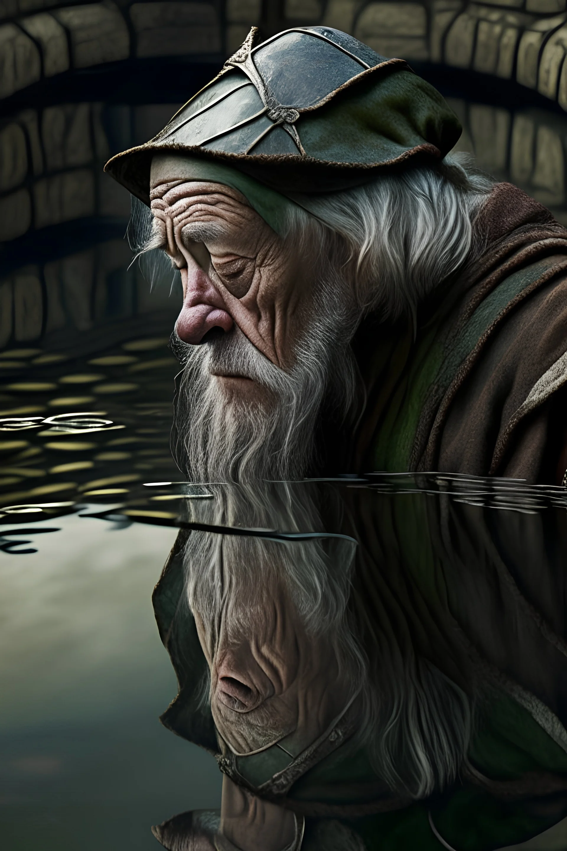 Generate an aging medieval busker staring at his reflection in a pond.