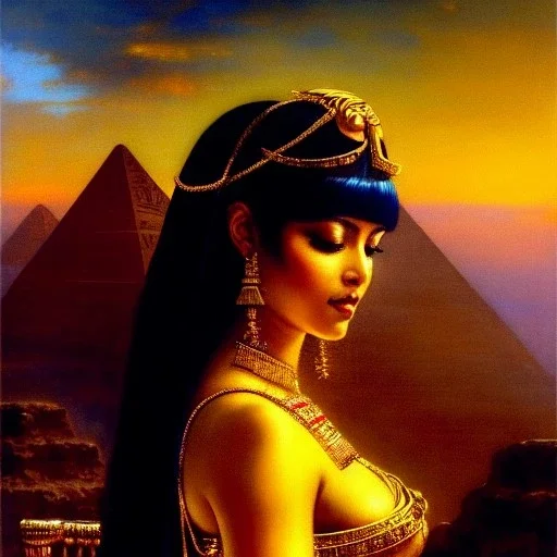 Drawing of beautiful face,busty 'cleopatra',throne,hieroglyphics,balanciaga fashion clothe painting by gaston bussiere, greg rutkowski, yoji shinkawa, yoshitaka amano, tsutomu nihei, donato giancola, tim hildebrandt, oil on canvas, cinematic composition, extreme detail,fit full head inside picture,16k