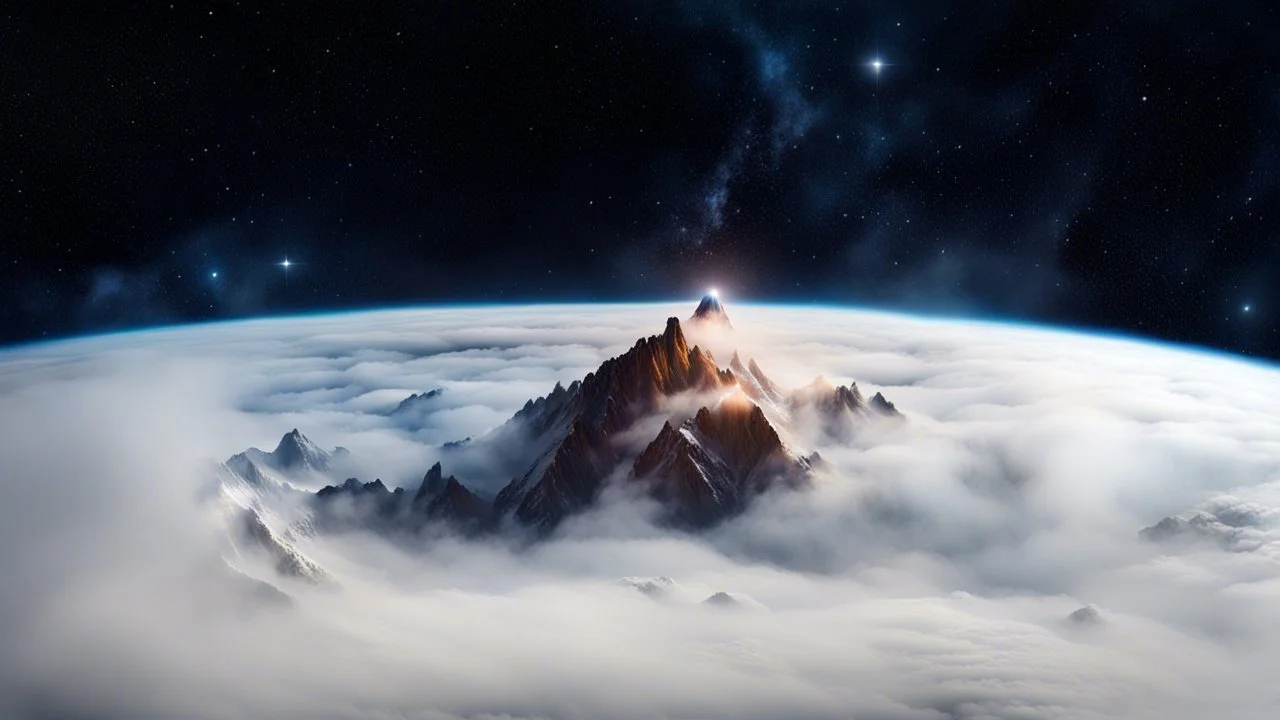 viewing a fog and cloud planet from above in space. a single, colossal mountain peak proudly extends through the foggy atmospheric layer. stars glitter in the background