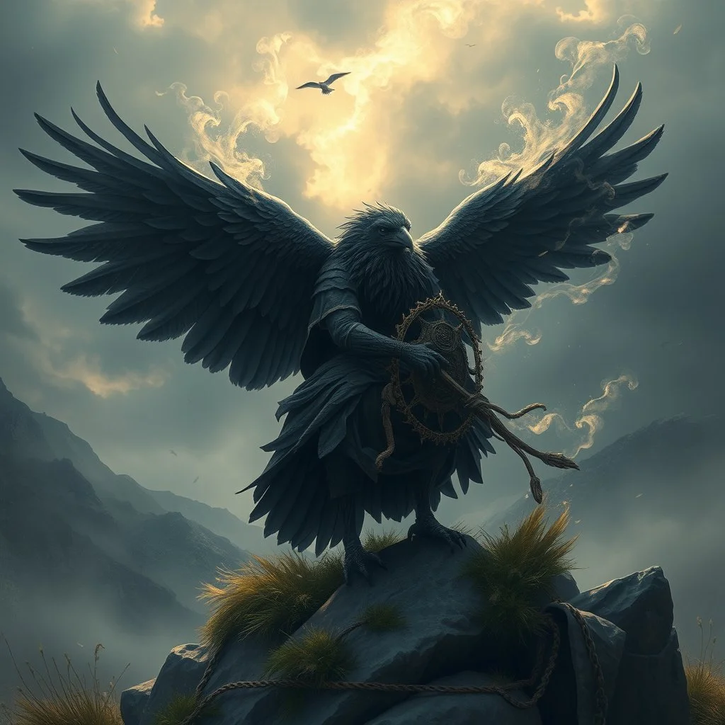 air is charged with magic around a storm crow bird rider with wings and beard and hair is full of feathers above holy valley