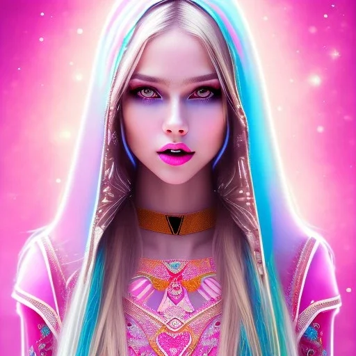 beautiful, soft, smiling face, whole head, long straight blonde hair blues eyes, crown on the head, clothing in transparent bluish and pink veil, background brillante bluish and pink, hight definition, 8K