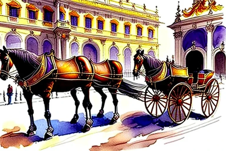 A fiacre landauer carriage with two lightbrown horses is standing in front of the Hofburg, Vienna. Aquarell