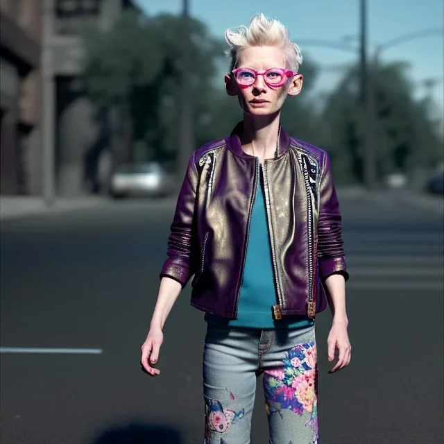 Tilda swinton toddler, full body, leather jacket, floral shirt, floral skirt, Nike sneaker, soft skin, city background, dramatic lighting, hyper realistic