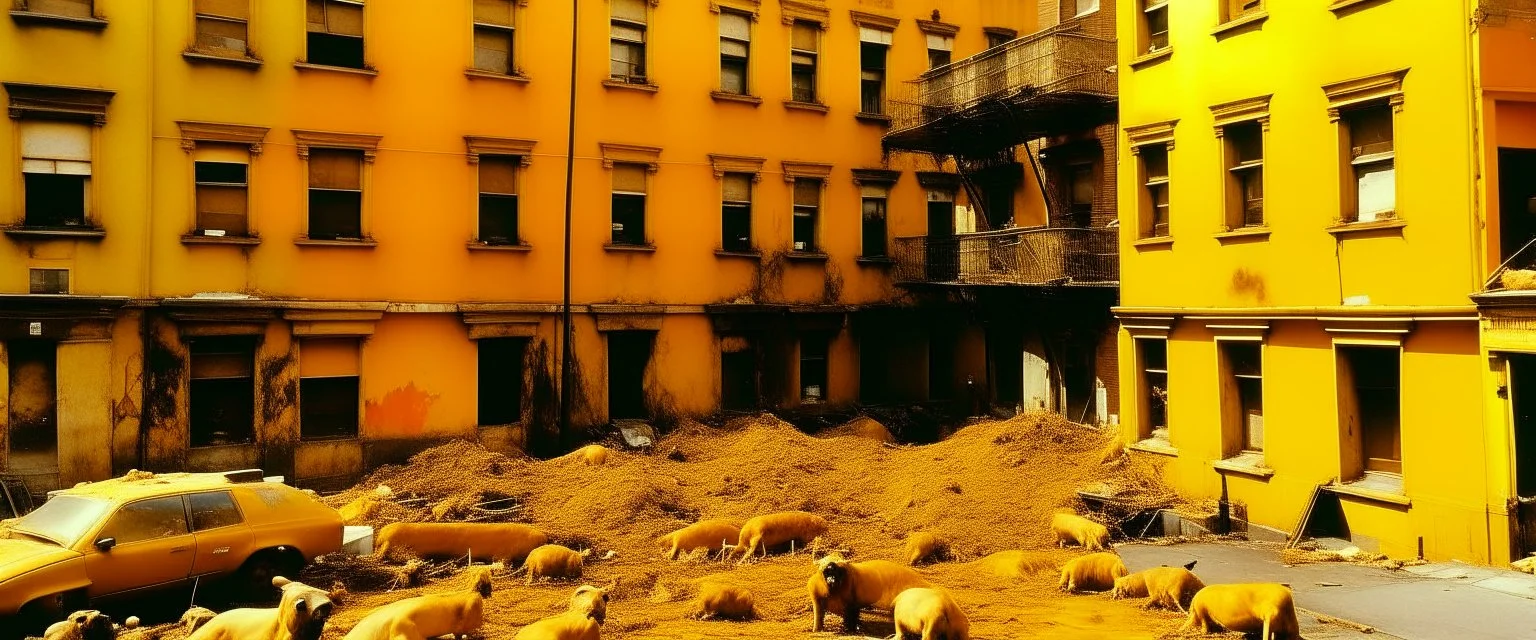 A yellowish orange colored trashed district filled with rats painted by Andy Warhol