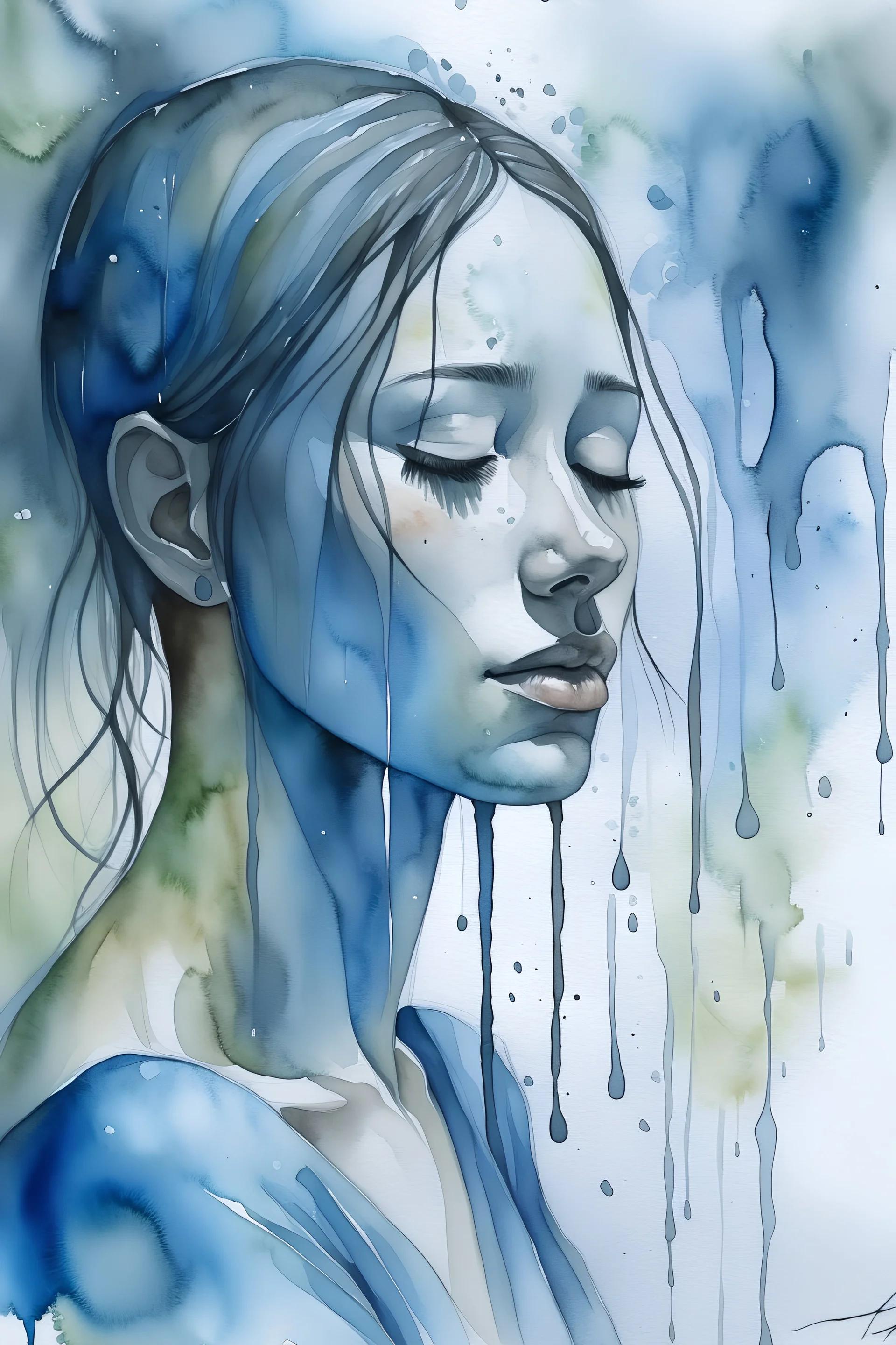 For a concise prompt for a watercolor art piece titled "Long Day," imagine a zoomed-in, tranquil scene in a shower. The focus is on a person's upper body and face, under a showerhead with water cascading down in soothing shades of blue and gray. Their eyes are closed, face slightly uplifted, embodying serenity. The background, suggested to be a blurred, tiled wall, enhances the intimate shower setting. Highlights and reflections on water and skin, in subtle whites and yellows, convey a warm, gen