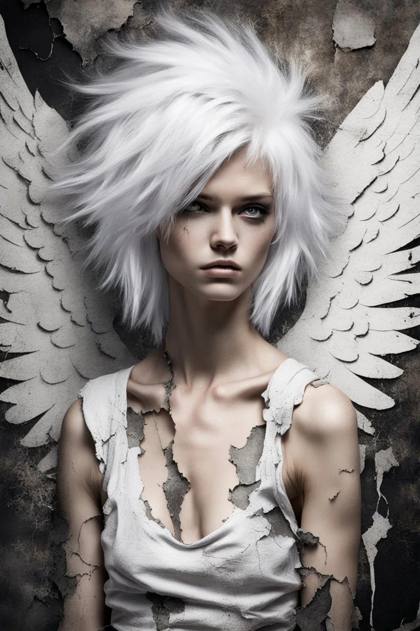 Punk, Angel, portrait, white hair, background old canvas torn cracks, mystical