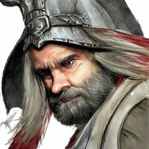 dnd, dwarf, priest, heavy armour, portrait, only face, close up, watercolour, grey beard, long hair, artistic, colourful, frowning