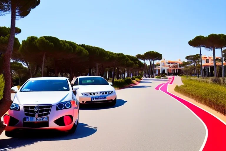 Day in quinta do lago, main avenida with two luxury car, with red cycling lane on both sides