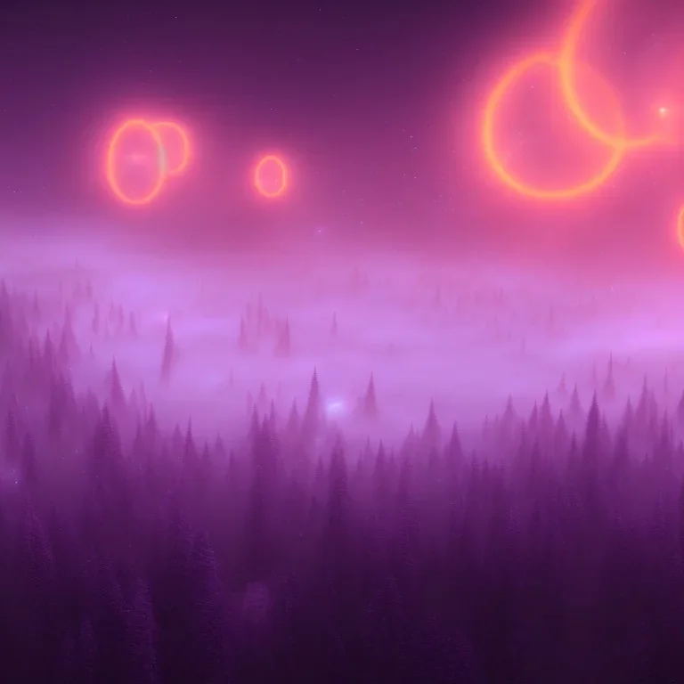 ALIENS FLOATING in the fog, cloudy, spherical clouds, river valley, GLOWING, PURPLE, orange, pink, stars, TOWERS, 4K, 8K, CINEMATIC