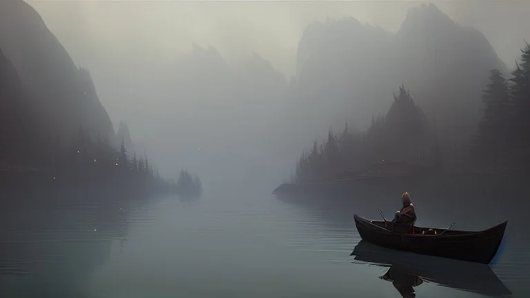 dark robe priest in a rowboat on the misty river