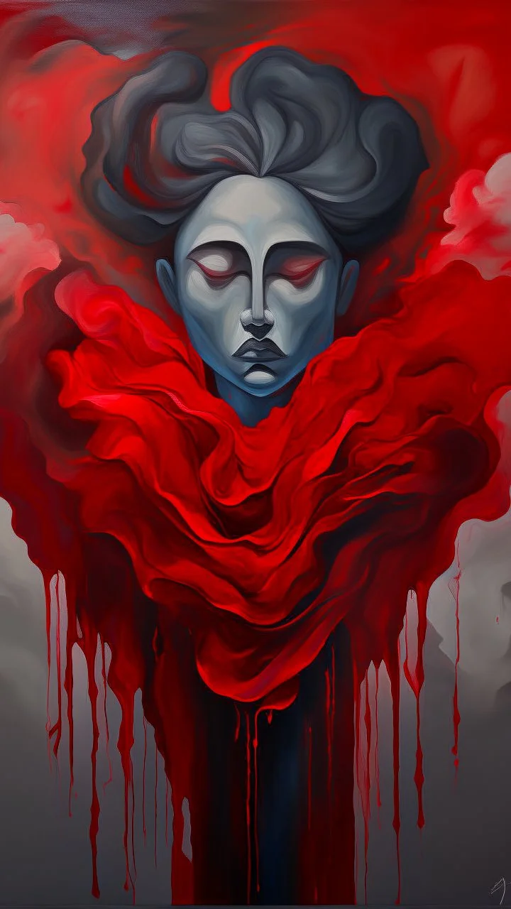 Painterly. Abstract. A girl face front view, A human figure stands clothed in red silk raiments. Anomalous red cloud issuing forth from the heart. Simple yet majestic