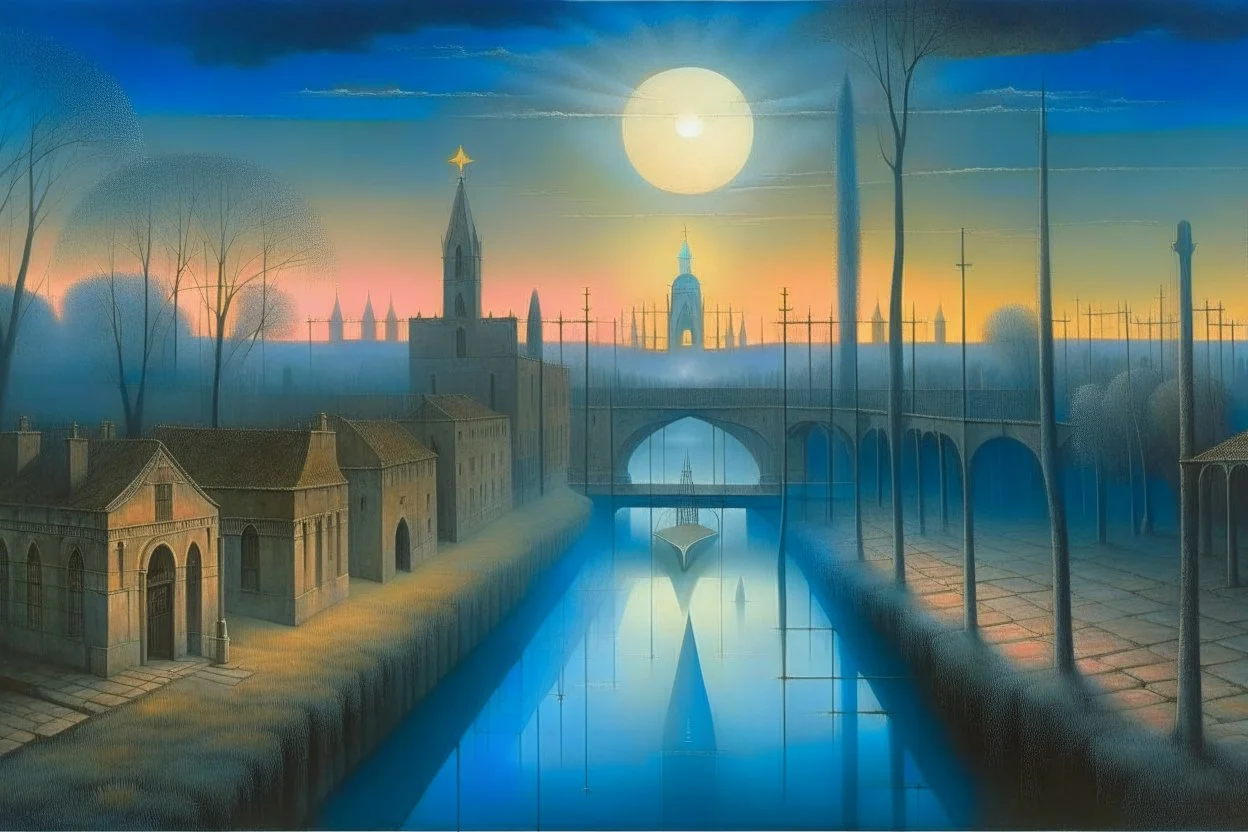 a surreal noctilucent city with arches, domes and rivers by artist "Leonora Carrington",by artist "Agostino Arrivabene",by artist David Inshaw"