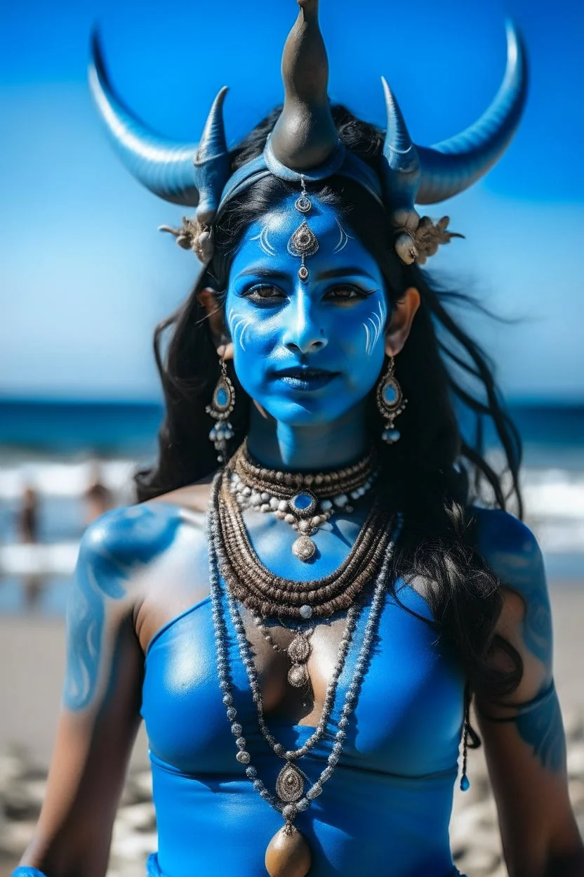 A photo of a blue skin Hindu goddess with painted blue face and body skin, wavy black hair deer antler horns, standing on a sunny beach