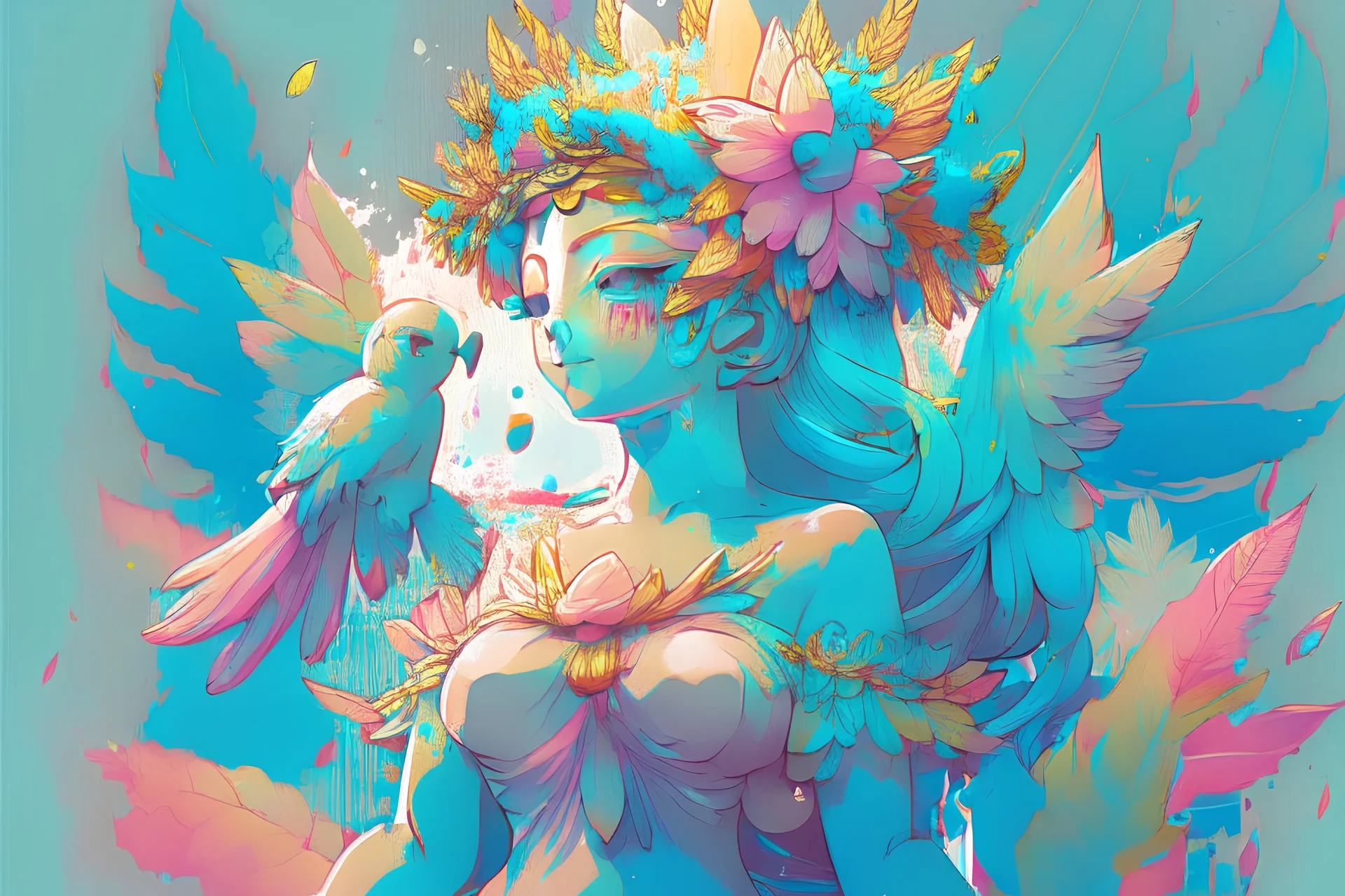 A detailed illustration a print of a vintage goddess statue, large colorful flower splash, t-shirt design, in the style of Studio Ghibli, blue tropical flora pastel tetradic colors, 3D vector art, cute and quirky, fantasy art, watercolor effect, bokeh, Adobe Illustrator, hand-drawn, digital painting, low-poly, soft lighting, bird's-eye view, isometric style, retro aesthetic, focused on the character, 4K resolution, photorealistic rendering, CMYK, using Cinema 4D