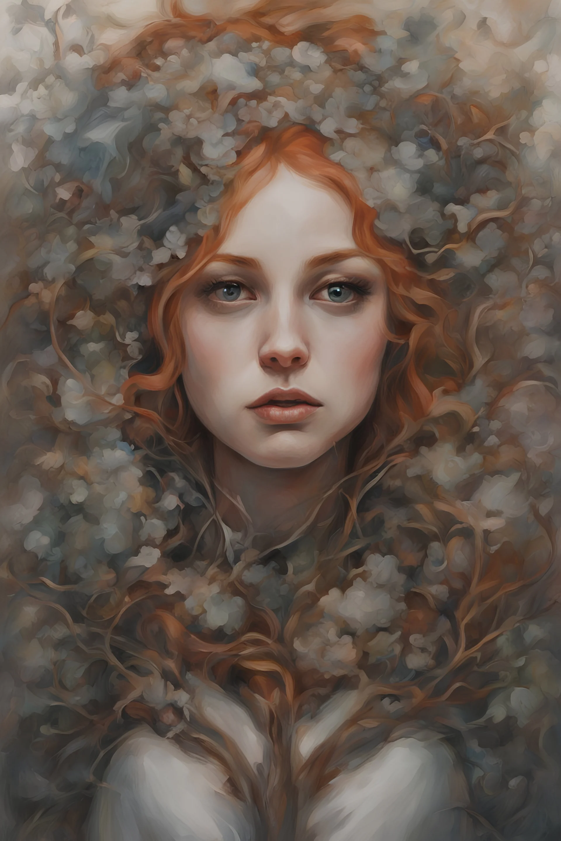 in the head Vision Pro Ginger hair Alexandra "Sasha" Aleksejevna Lussininof lovely bombshells Stocholm city oil paiting fantasy psychology dream, symptom, paiting style Artgerm Tim Burton style in the Stocholm city