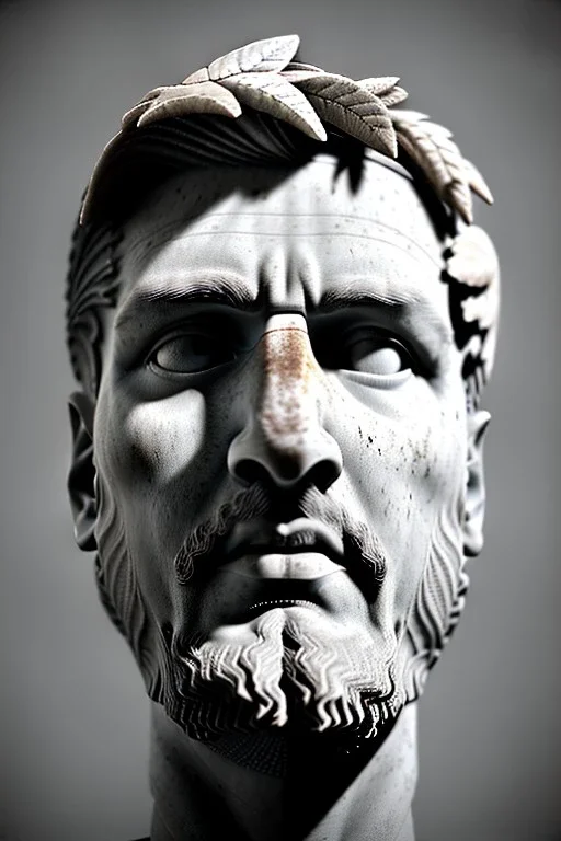 Ultra Realistic image, roman sculpture, white marble material, Lionel Messi, Laurel leaves wreath, miguel angel style, chisel style, emperador, waist up portrait, ultra hd, perfect texture, epic, celestial, cinematic lighting, God light, god rays, 4k resolution, smooth details, ornate details, soft lighting, unreal engine 5, sky and clouds background.