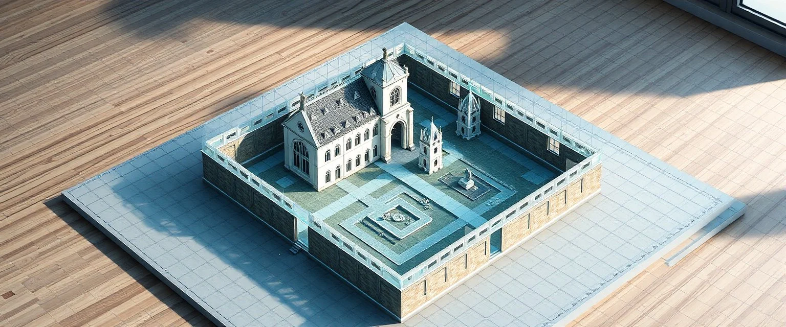 see through isometric plan of castle church labyrinth yard with transparent glass walls and grid on floor for tactical planning