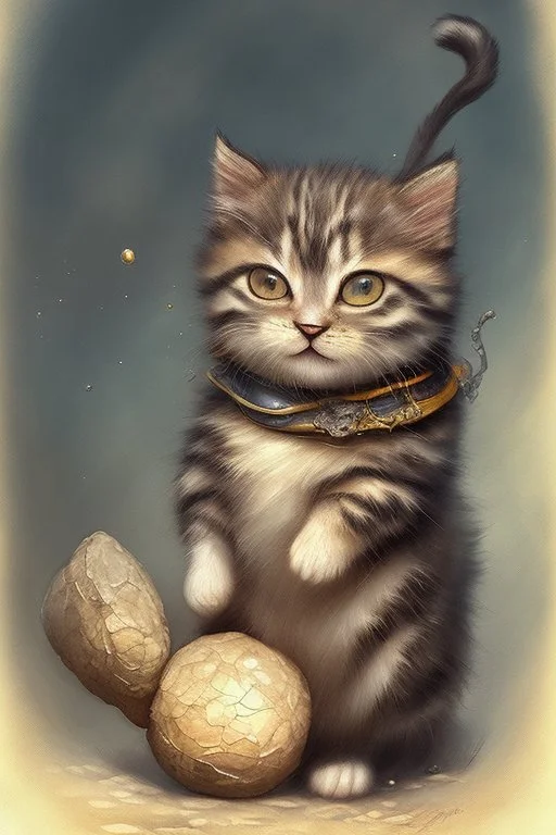 very cute sweet-faced kitten carrying a huge stone on her back on a paved road by Jean-Baptiste Monge golden watercolour and black ink highly detailed elegant intricate very attractive beautiful award winning fantastic view crisp quality in sunshine