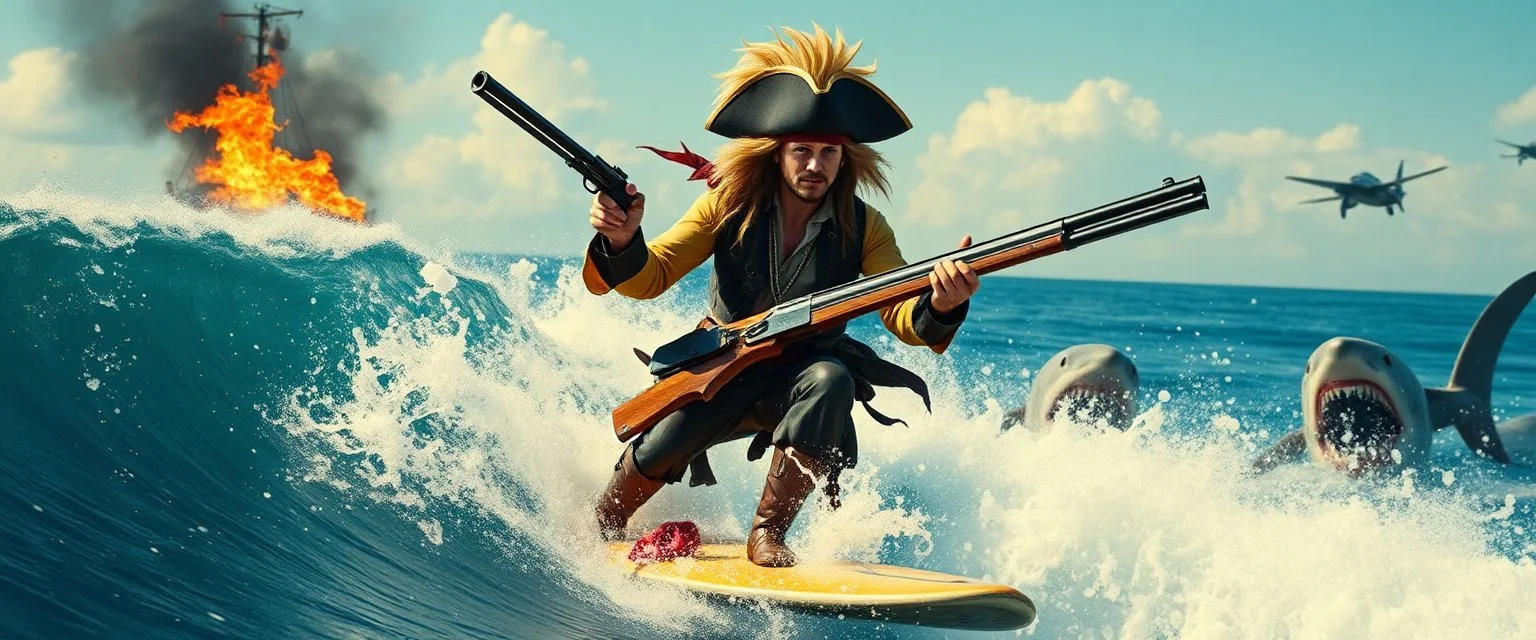 movie poster, pirate shotgun mozart playing with his wig, looking hot and crazy on a surfboard on a big wave, burning ship, and pissed of sharks