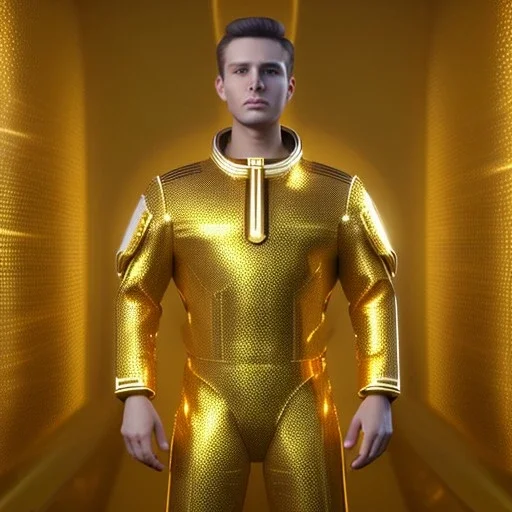 beautiful cosmic golden boy, nice smiling, delicate colors, beautiful glamour galactic golden dress, ultra sharp focus, 8k, unreal engine 5, extremely sharp detail, light effect, soft light atmosphere of a spaceship, smooth, full of details, face in front, complete vision of body