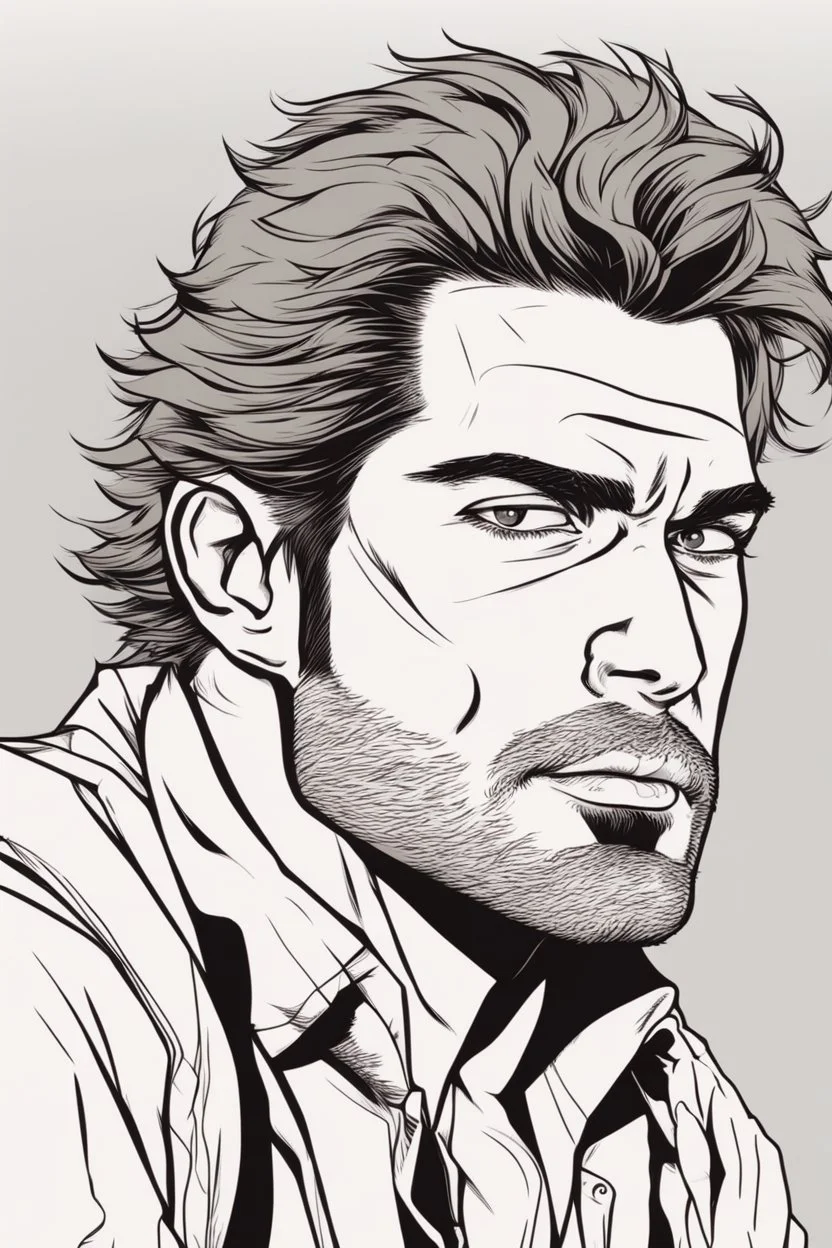 man with scruffy hair, stubble and a judgmental facial expression comic book style