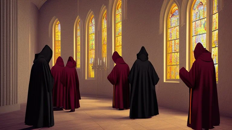 black robe hooded monks in the chapel