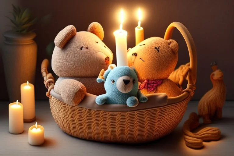 Cute but quirky stuffed animals lie in a carved basket on a soft sling, by candlelight