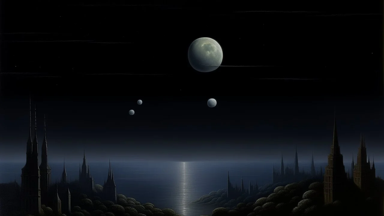 A city in moonlight with dark planets painted by Caspar David Friedrich