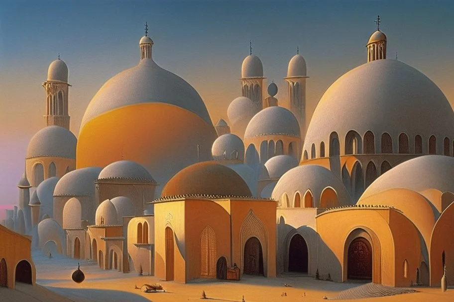 A surreal town with arches and domes, clouds and with long shadows by artist "Berndnaut" and "Leonora Carrington" and "de Chirico" at sunset