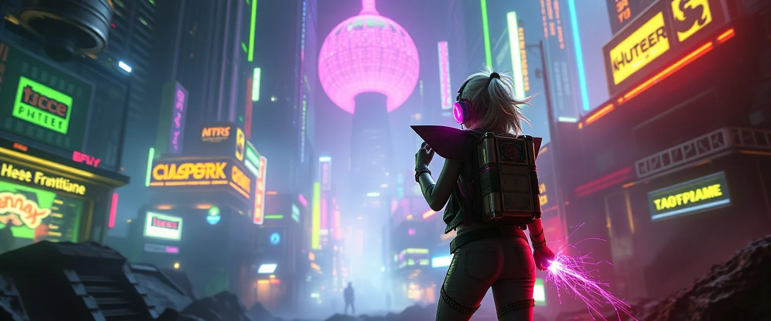 cyberpunk space city, in valley, close up on A space pirate hi class girl with disco ball rocket shooting sparks backpack named Daisy started doing the splits, Blew a fuse in his hips and short-circuited his bits, The Martian fluffy gremlins went wild, the Plutonians dogs screamed, Even black-and-white aliens turned ultraviolet green! in the style of fallout 4 and HR Giger, background motion blur , and volume fog spot lights
