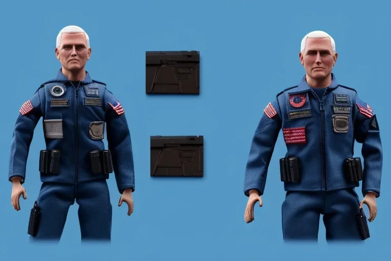 Mike Pence as G.I. Joe Toy Doll With a pistol space force Commander Blue fabric uniform, black Moonboot in plastic packaging