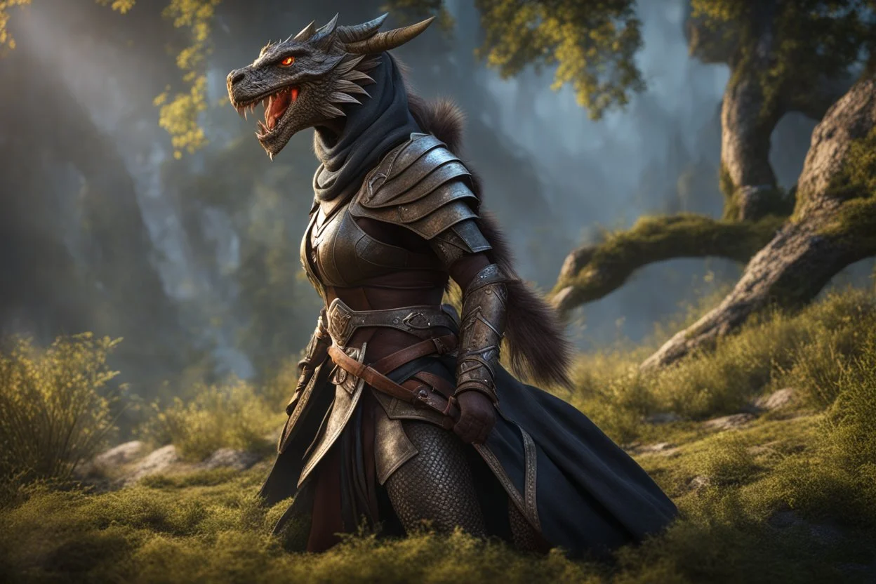 Fearsome female dragonborn with breathtaking eyes, Frightening, Cinematic lighting, Volumetric lighting, Epic composition, Photorealism, Bokeh blur, Very high detail, Sony Alpha α7, ISO1900, Character design, Unreal Engine, Octane render, HDR, Subsurface scattering, t