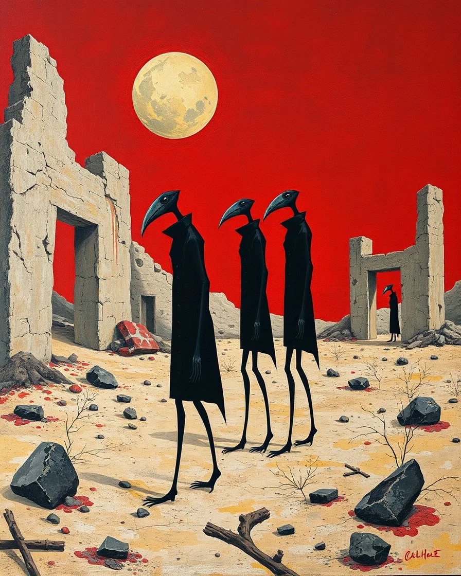 long-legged surreal lean black-grey figures with beak-shaped heads in overcoat, profile, semi-silhouettes among ramshackle ruins in a barren landscape of red, yellow, black and beige colors, intricate acrylic painting